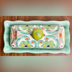 Anthropologie Okuno Lidded Butter Dish Keeper Green Handpainted Boho Floral
